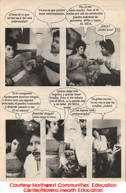 A five panel black and white page from the comic book Tres Hombres. In each panel a woman and a man are in a bedroom situation. The woman, tells the man that he must use a condom so they can be safe from gonorrea, syphillis, and AIDS because once she gets out of this business, she wants to have a healthy baby. The man says he will not wear a condom and leaves.