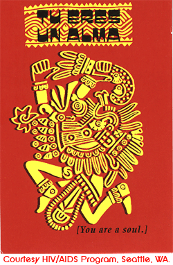 An elaborate design drawn in yellow on a red background. At the top in black writing on a yellow back ground are the words Tu Eres un Alma. On the bottom right corner written in black letter in parentheses are the words you are a soul.