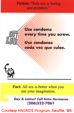 A card with yellow and red sections dealing with the fact and fiction about safe sex. It asks if Gay and Latino call Entre Hermanos with a phone number to call.
