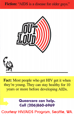 A card with yellow and red sections dealing with the fact and fiction about AIDS. It asks for states that Queercore can help with phone numbers to call.