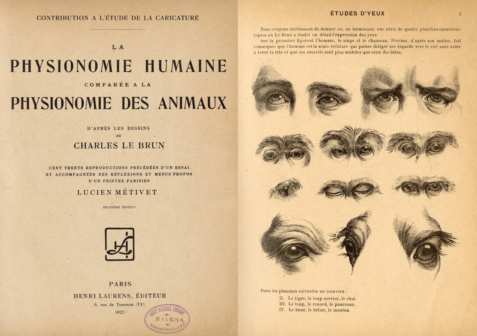 Title page of a book and a page with an illustration of human and animal eyes