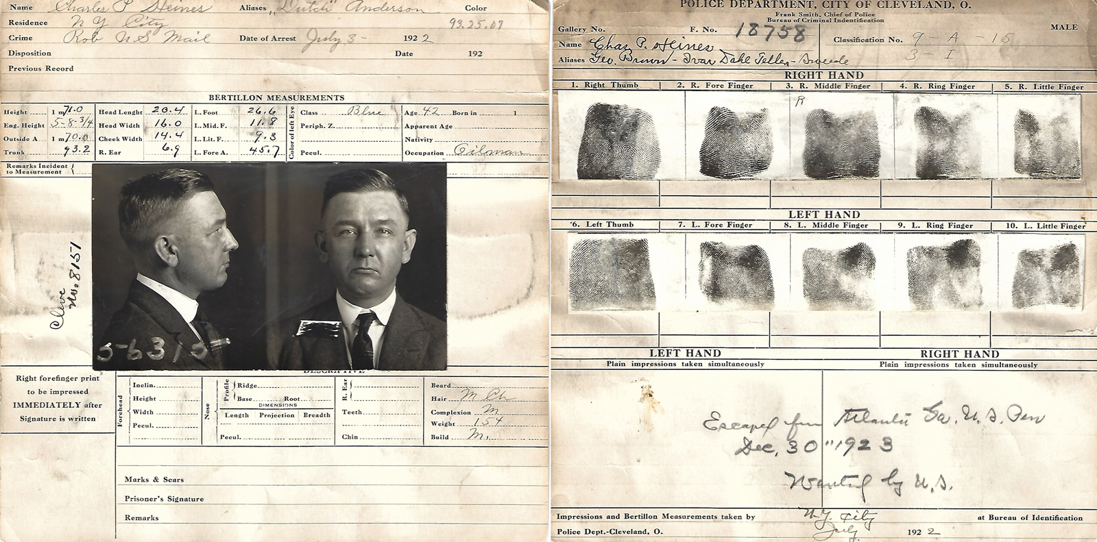 Card showing a White man’s mugshot, fingerprints, and personal information like bodily measurements