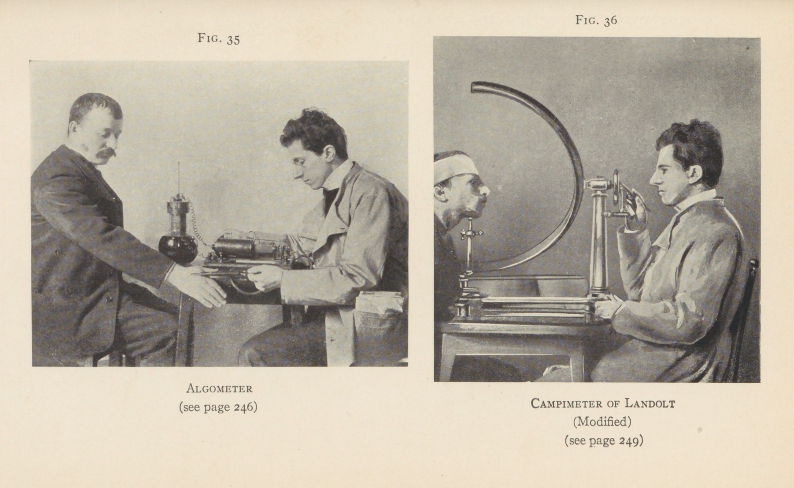 Side-by-side photographs of a white man measuring another white man with an apparatus