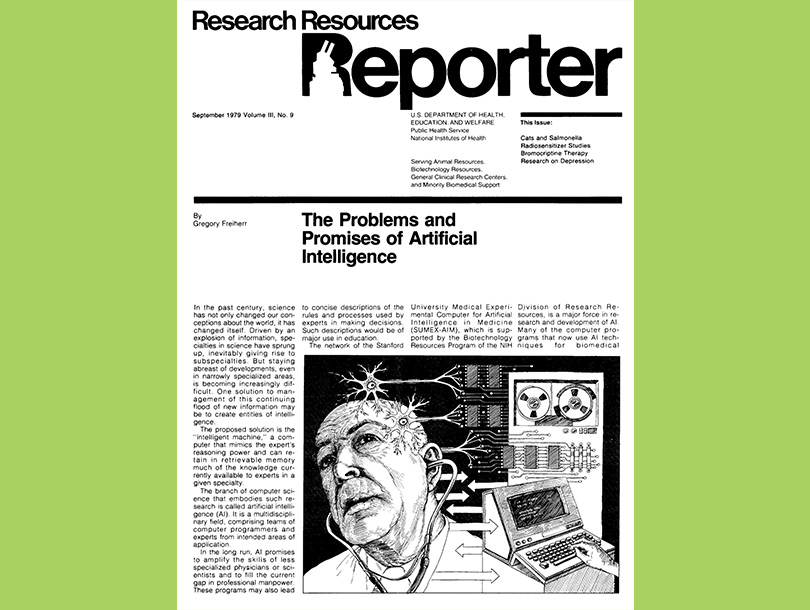 A black and white cover of a periodical with text and an illustration of the head of a white man listening with a stethoscope, computer circuits and a server, and a hand touching an old computer
