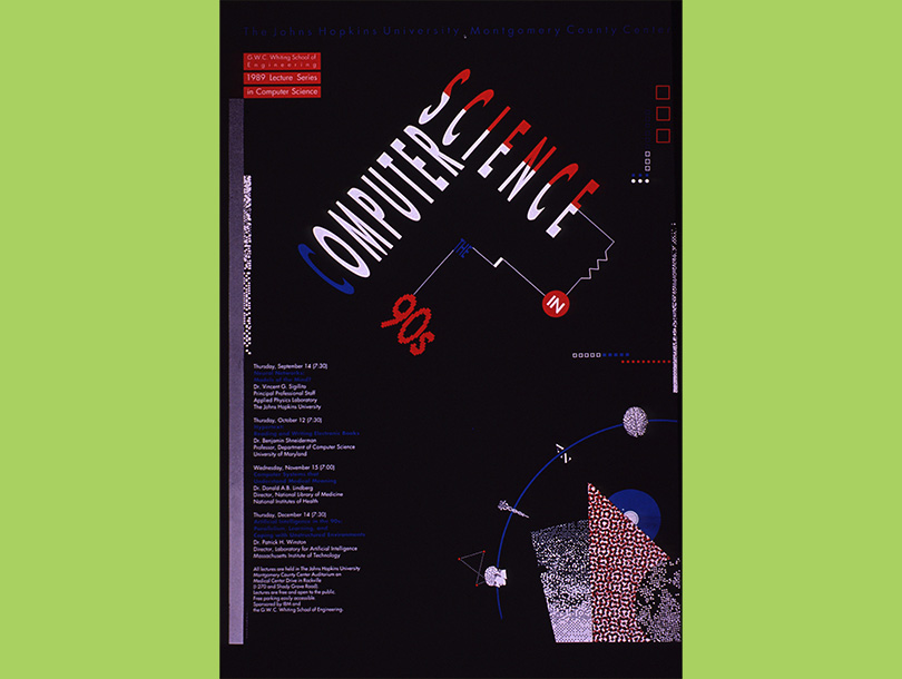 A black poster with red, white, and blue text and an illustration showing the side of a head, a caduceus, letters, and shapes