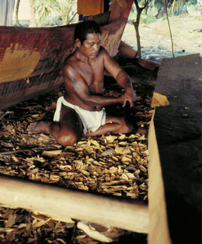 Micronesian wayfinder, Mau Piailug constructing a canoe.