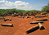Artillery is scattered across the rust-colored, dirt-covered ground.
