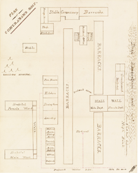 Color photograph of a hand drawn diagram showing the layout of a contraband camp and hospital. Courtesy National Archives and Records Administration.