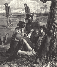 Black and white illustration of an African American man assisting an army medical officer with an injured soldier on the battlefield. Courtesy Harper's Weekly.