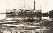 Black and white photograph of the U.S.S. Red Rover Navy hospital ship, at a dock. Courtesy National Library of Medicine.