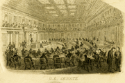 Sepia toned illustration of a group of men sitting in chairs forming concentric circles facing a podium of the United States Senate chamber, c. 1863. Courtesy The Historical Society of Washington, D.C.