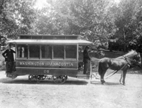 Black and white photograph of a horse drawn streetcar. Courtesy The Historical Society of Washington, D.C.