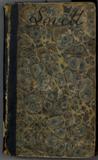 Cover of book, with worn looking spine, has no title and is covered in antique marbling, bears handwritten name, in black ink, of 'Lovell' at top.