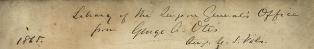 Excerpt of page showing handwritten inscription in ink as follows: Library of the Surgeon General's Office from George A. Otis Surg. U.S. Vols. 1865.
