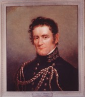 Portrait of Joseph Lovell, an oil painting, in color, in ornate military uniform, clean shaven, in three quarters pose from chest up, with solemn expression. 