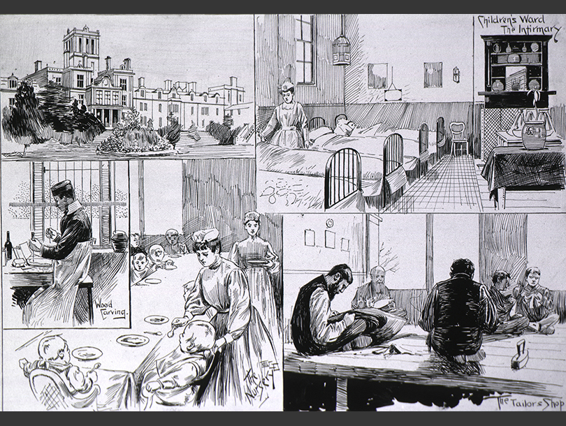 Comic-style illustration of rooms and buildings with people in an asylum