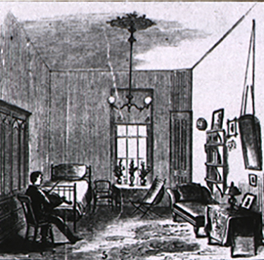 Comic-style illustration of rooms and buildings with people in an asylum