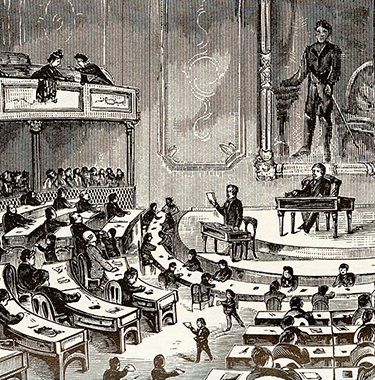 Illustration of a seated crown at tables surrounding a stage where one standing figure holds up slips of paper and another sits behind at a table