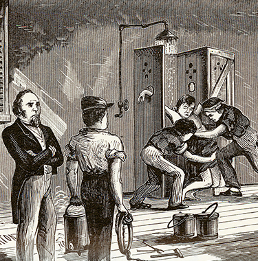 Illustration of a man and other figure standing looking on as two boys hold down another inside a shower