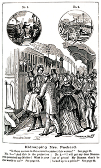 Illustration of a woman being carried by two men onto a train to the left. On the right is a large crowd.