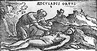The extraction of Asclepius from the abdomen of his mother Coronis by his father Apollo. Woodcut from the 1549 edition of Alessandro Beneditti's De Re Medica