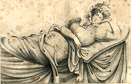 A three-quarters frontal length view of a woman reclining after having received a Cesearean section. Her gown in raised to show the sutures, while a sheet covers her lower limbs. Her left arm is curled under her ear while her right arm is draped across her body above her abdomen.