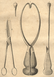 Table 39 from William Smellie's A Sett of Anatomical Tables, featuring curved crotchets and scissors. Figure a is a full view of the crotchets, figure b is the back view of part of a crotchet, figure c is the front view of the point of a crotchet, and figure d are the scissors.