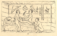 A naked, pregnant woman lies on an angled bed inside a building. Three naked men attend her childbirth. The man on the left stands holding her belly on both sides with his hands. The man in the center is on the opposite side of the bed, with his left hand on her right hip and the right hand upraised holding a knife. The man on the right is crouching at the woman's feet holding them down with both hands.
