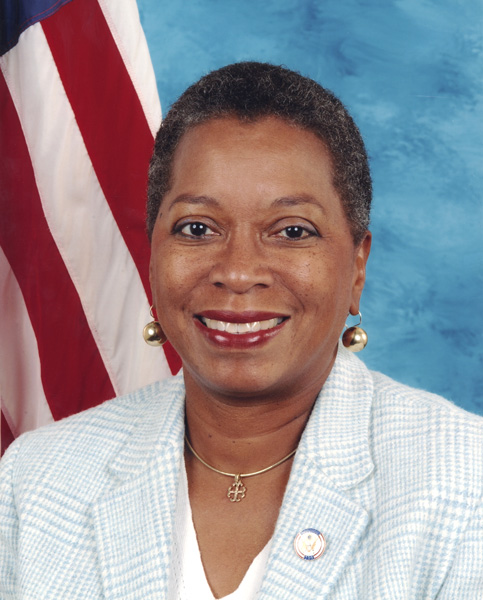 Dr. Donna M. Christian–Christensen, a smiling African American woman posing in front of the American flag for her portrait.