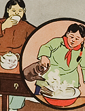 A family eats from different bowls to prevent the spread of disease. A girl in a green shirt disinfects the used food containers.