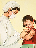 A female doctor wearing a mask gives a girl in a red sundress the BCG vaccine in her left arm.