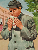 A man standing near a group of people outside a building, spits into his handkerchief.
