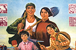Poster shows a two-children family focusing on work, production, study, and good health.