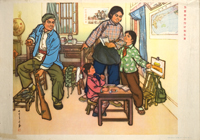 A family is together in their home: The father is cleaning his rifle, the mother watches her children, and the two daughters are drawing and learning on a small table.