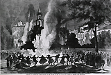 Cholera at Marseilles. Fires lighted...to destroy the pestilence. Crowds watch; a large group dance around the fire.