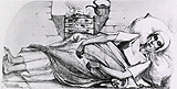 A hand drawn illustration of a girl lying in a bed with a gown on. Her head is covered by a cap and a blanket covers most of her body. In the background a kettle is resting on a fire.