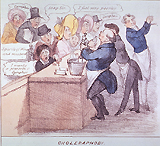 A crowd of customers besiege a pharmacy seeking remedies for cholera. One pharmacist joyfully works a pestle and mortar; another serves the customers; while a third, with a wink, removes a container from a shelf.