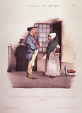A man and a woman, standing outside a building; another man walking down steps in the background. A bed pan and clyster are against the wall.