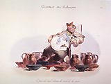 Caricature on hypochondria and protective measures against cholera: An overweight man seated in a chair surrounded by pitchers and bowls.