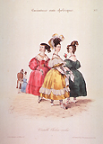 Street scene: Group of three women (probably prostitutes?) wearing fancy dresses and hair styles. The dresses are styled low in the front to expose the breasts. A man (Death figure?) and a woman stand together in the background. 