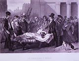 An illustration of a well dressed man in a top hat stands at the head of a bed of a person lying stricken with cholera on display in the streets. Near the foot of the bed are three men with shocked looks on their faces. In the baground are man people carrying out their daily lives.
