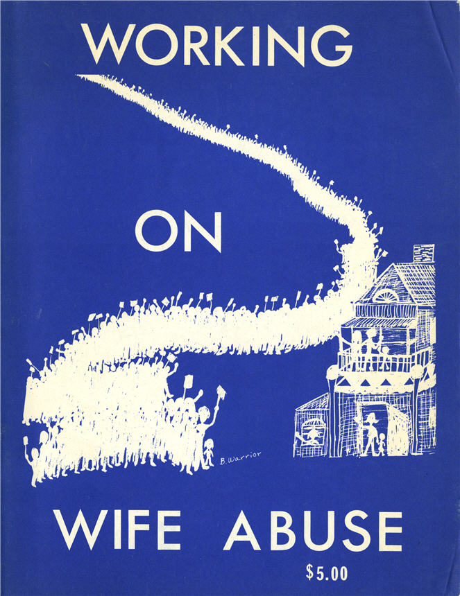 Cover of a blue book, with a drawing of a column of marchers arriving at the front door of a house.