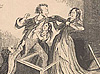 In disheveled room a man prepares to punch a woman, a boy and girl attempt to restrain him.