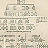 Image of genealogical trees of families with various diseases, including Huntington’s chorea, manic-depressive illness, imbecility, neuroses, and hermaphroditism. The squares on the branches indicate males, circles indicate females and shaded-in figures indicate that the person was affected, from Davenport’s Eugenics.