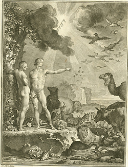 Frontispiece from Dictionnaire raisonné universel d' histoire naturelle depicting an imagined scene from the Book of Genesis in which Adam names the animals.