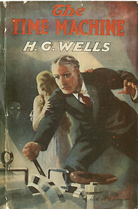 Cover binding from Wells' The Time Machine depicting the hero along with characters Eloi and Morlocks.