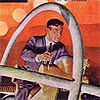 Image of comic book cover depicting a man piloting a time machine. He is seated at a console, using joysticks to operate a machine featuring springs, hooks, and levers within a circular frame of metal tubing.