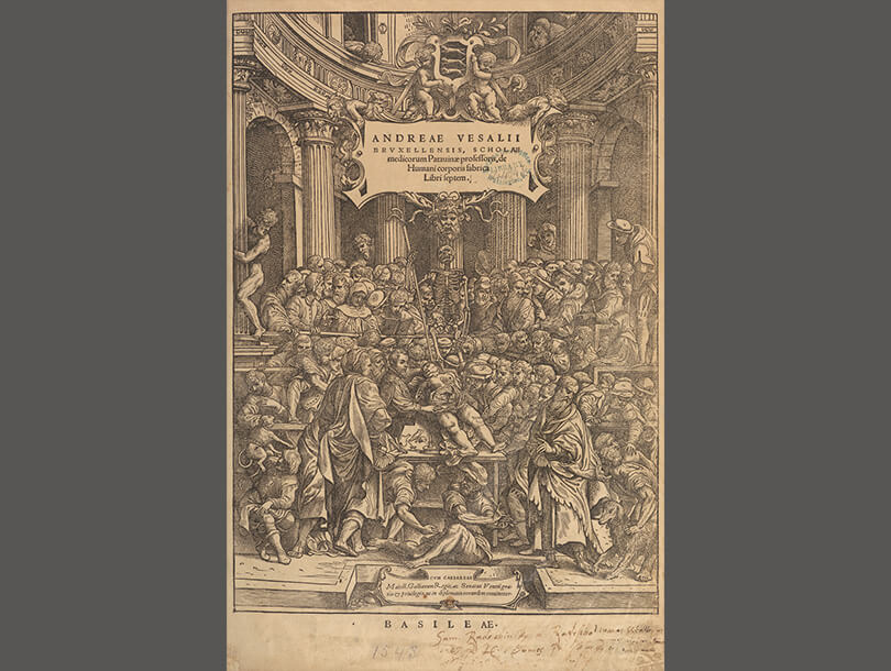 Title page with mostly illustration of a anatomist dissecting a dead body surrounded by multitude of people