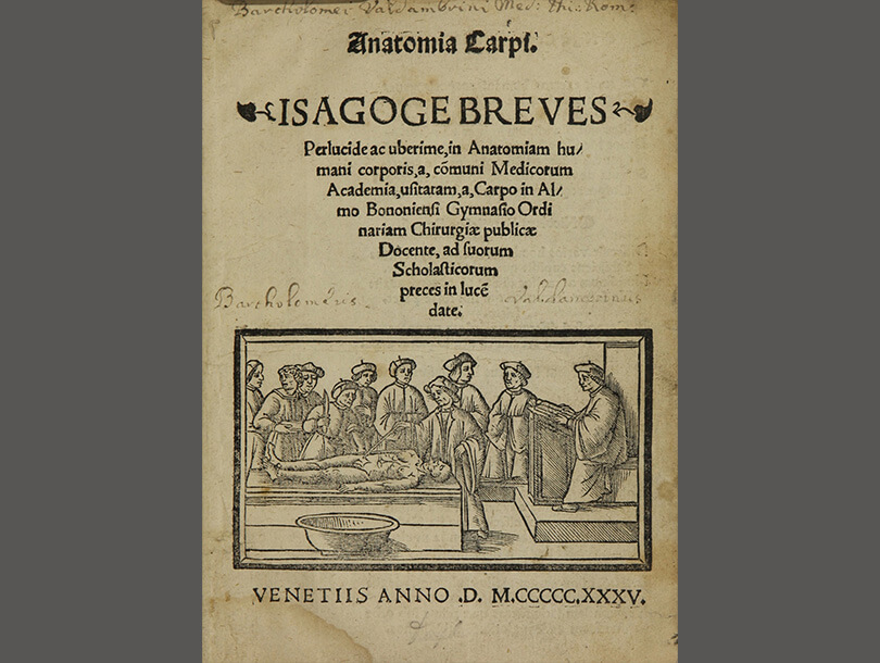 Title page of a book in Latin with an engraved scene of human dissection by an anatomist surrounded by onlookers and a scribe on a desk