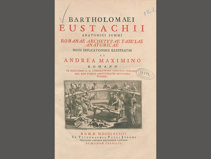 Title page of a book with a scene of an anatomy class with an anatomist dissecting a person at the center surrounded others seated and standing with dead animals on the floor 